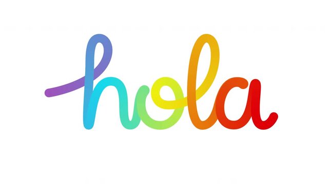 Colorful hola word write on text effect with curved ribbon stroke forming playful lettering symbol of greeting welcome and friendly communication isolated on transparent background with rainbow gradie