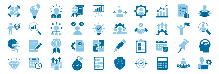 Obraz premium Management and business solid icon set with leadership, planning, analytics, checklist, workflow, finance, and productivity symbols on transparent background