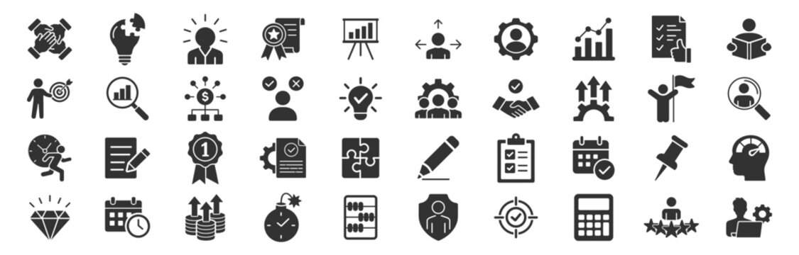 Management leadership and organization line icon set with team, workflow, process, strategy, project planning, and corporate administration symbols on transparent background