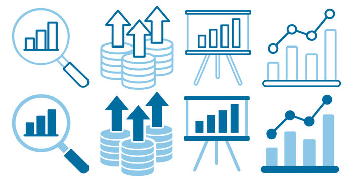 Financial analytics outline icons with chart search, growth coins arrows, presentation board report, line and bar data graphs collection on transparent background