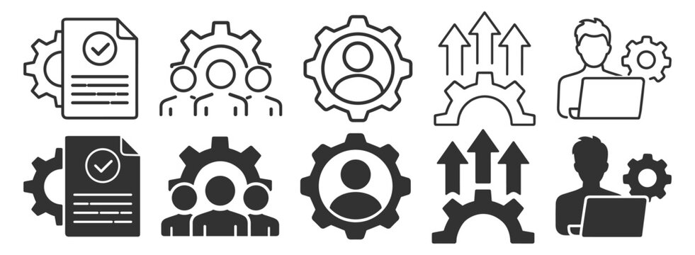 Business management icons collection with document settings, team organization, user gear, growth arrows and developer laptop outline icons on transparent background
