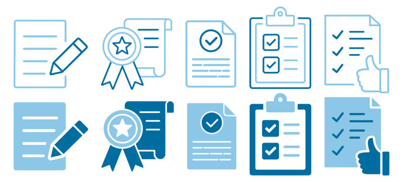 Business document and certificate icons with checklist, approval and clipboard symbols, office paperwork verification and report management interface set on transparent background