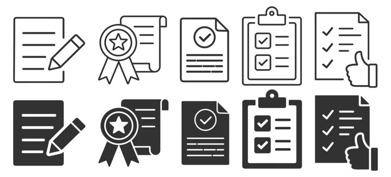 Document and checklist icon set with certificate, approval, clipboard and report symbols, office verification and business paperwork line and solid icons on transparent background