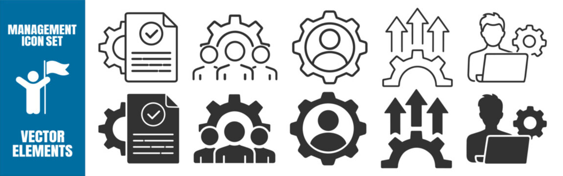 Management leadership and organization line icon set with team, workflow, process, strategy, project planning, and corporate administration symbols on transparent background