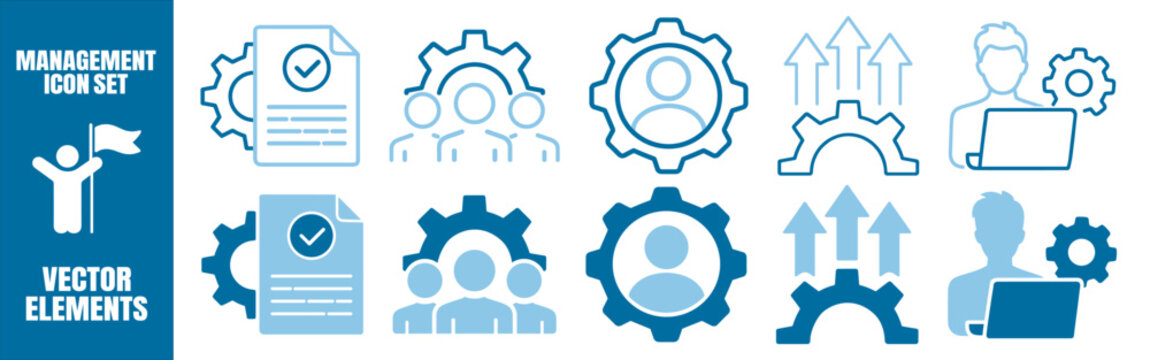Management leadership and organization line icon set with team, workflow, process, strategy, project planning, and corporate administration symbols on transparent background