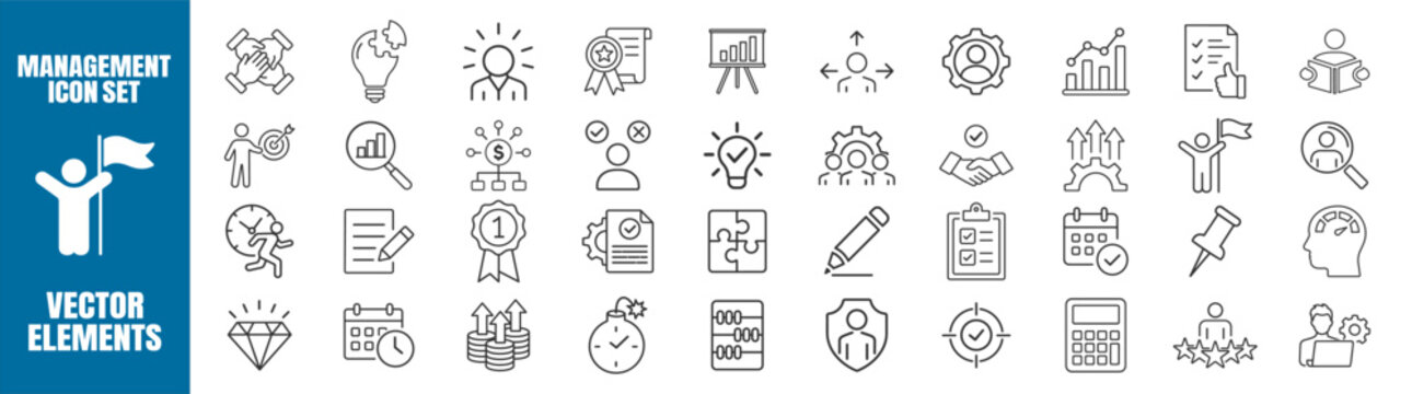 Management leadership and organization line icon set with team, workflow, process, strategy, project planning, and corporate administration symbols on transparent background