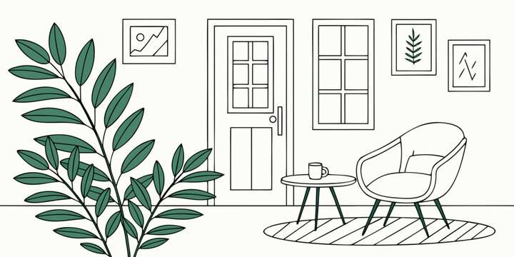 A cozy living room with a rocking chair and a potted plant near the door