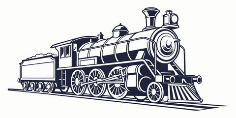 A detailed illustration of a vintage steam locomotive in black and white © Mamun