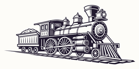 A detailed black and white illustration of a vintage steam locomotive © Mamun