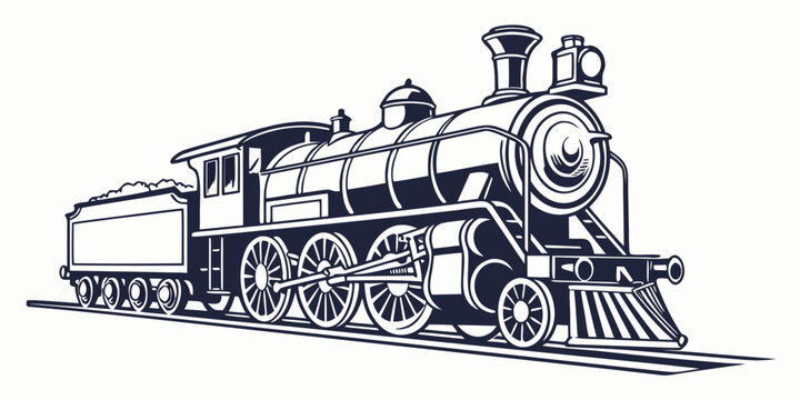 A detailed illustration of a vintage steam locomotive in black and white