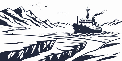 A large cargo ship navigating through icy arctic waters with icebergs. © Mamun