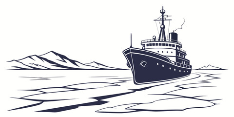 A large ship navigating through icy waters with a mountainous backdrop © Mamun