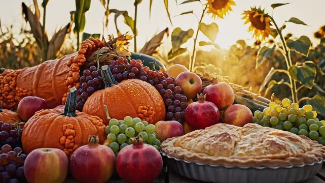 Autumn harvest display with cornucopia, pumpkins, pie, and fruit outdoors