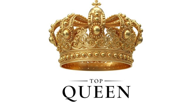 A golden crown with the words top queen
