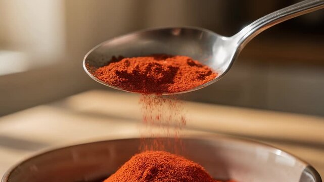 Close up of red chili powder falling from spoon into bowl with natural light background