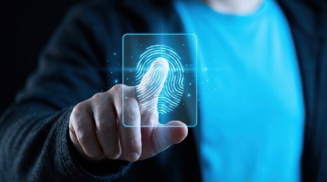Hand touching digital fingerprint interface screen for biometric identification and access