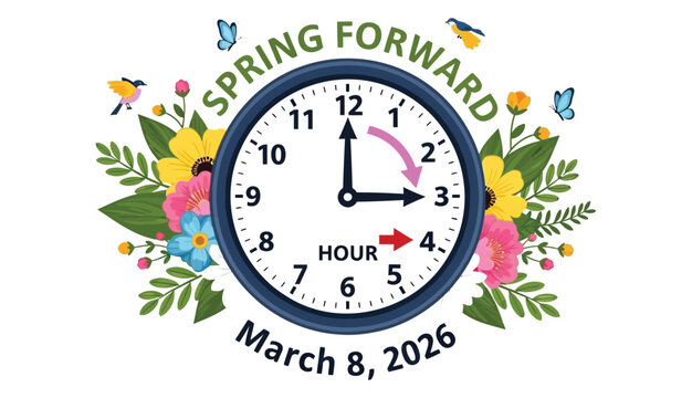 Daylight Saving Time banner. The clock turns one hour on March 8, 2026. Spring forward concept banner with floral elements. Vector illustration.
