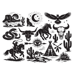 Western Boho Linocut Vector Set &ndash; Texas Desert Engraving Collection
