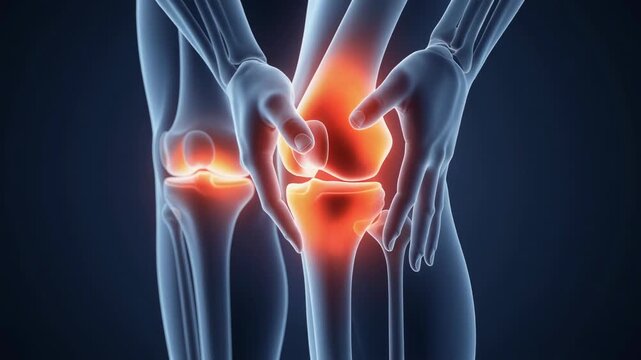 3D medical illustration of knee joint pain inflammation with highlighted bones and hands showing discomfort