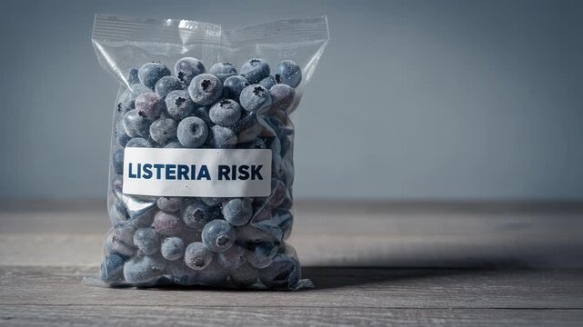 Frozen blueberries in plastic bag labeled listeria risk highlighting food safety and contamination concern