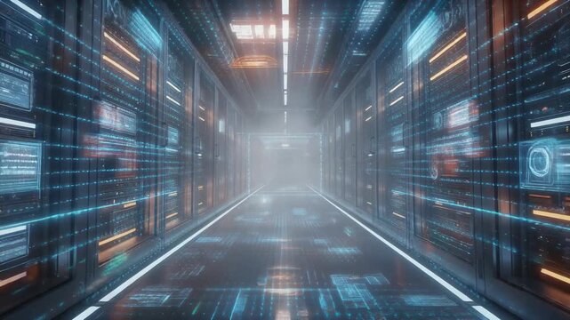 Futuristic data center corridor with digital interface and high tech server racks glowing in blue and orange lights