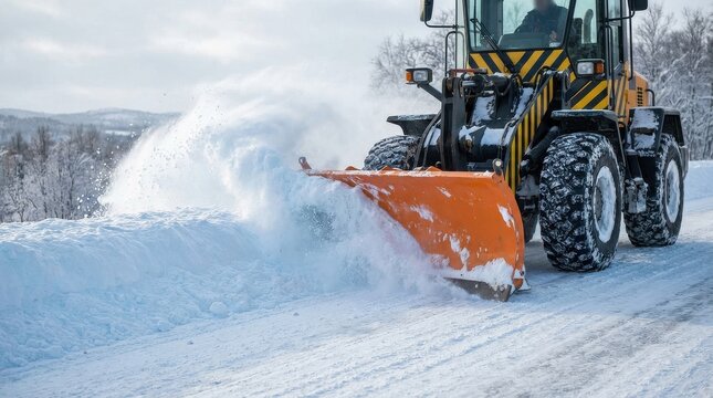 Orange snowplow clearing road of fresh white snow winter conditions driving cold weather