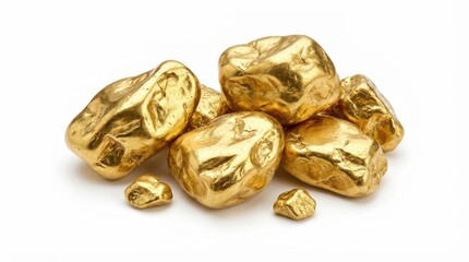 Pile of gleaming gold nuggets isolated on white background valuable metal shiny luster