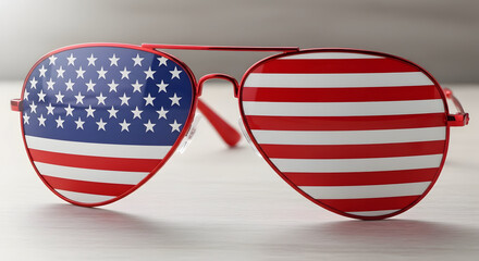 A pair of red sunglasses with American flag designs on the lenses on transparent background