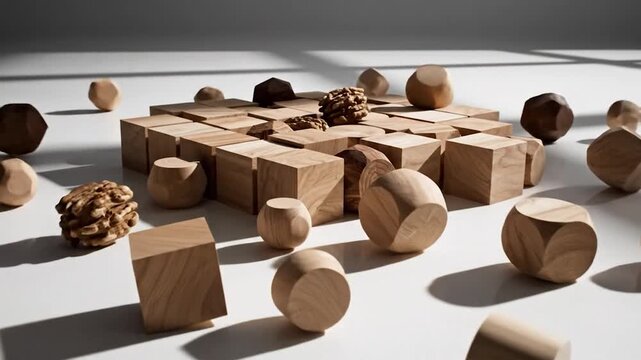 Abstract geometric wooden shapes falling and scattering on clean surface dynamic motion