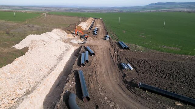 Industrial construction of a natural gas pipeline in Bulgaria. Workers and machinery installing large steel pipes for energy infrastructure and fuel logistics