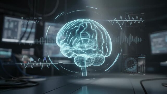 Digital hologram of human brain with medical data and futuristic technology interface in dark control room