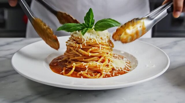 Chef preparing pasta with rich tomato sauce in copper cookware