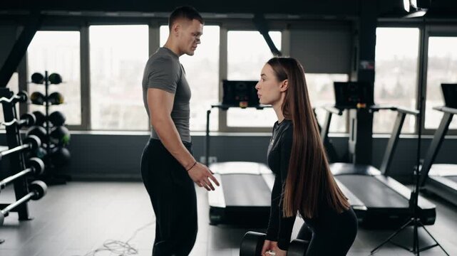 A fitness trainer guides a woman through a dumbbell exercise in a modern gym. She performs deadlifts with proper form, coached by the male trainer.