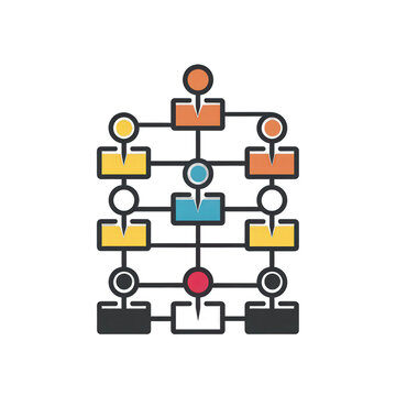Icono de organigrama empresarial con estructura jer&aacute;rquica colorida que representa la gesti&oacute;n de equipos y la organizaci&oacute;n corporativa en fondo blanco.