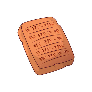 Ancient clay tablet with cuneiform writing, early Mesopotamian writing system used for recording information, historical artifact of early written communication, vector illustration isolated on white.