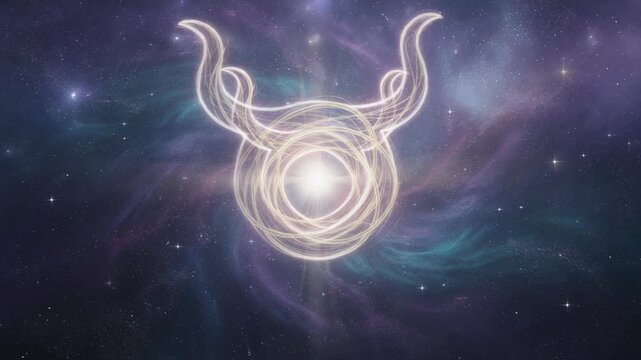Glowing Taurus zodiac sign in cosmic galaxy space with stars and colorful nebula background