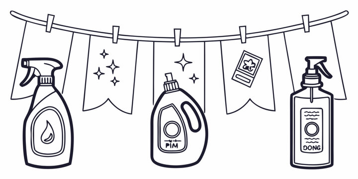 Laundry supplies hanging on a string with fabric pennants