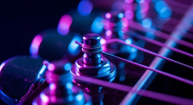 Close-up of Electric Guitar Tuning Pegs with Neon Lighting.