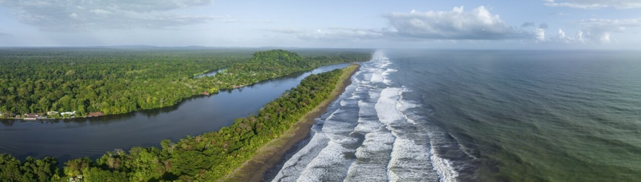 Aerial view, beach and sea, coast with rainforest, Tortuguero National Park, Costa Rica