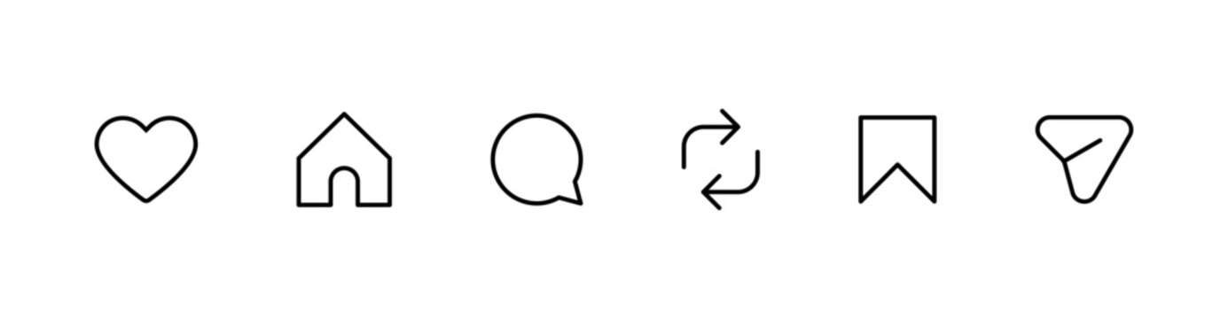 social media line icon set, instagram icons including heart, home, comment, repost, save, and share symbols. social media post interactions, notification icons