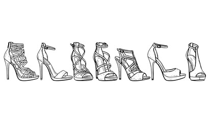 Elegant women's high heel sandals vector sketch collection luxury fashion footwear illustration isolated © BijoyChandra