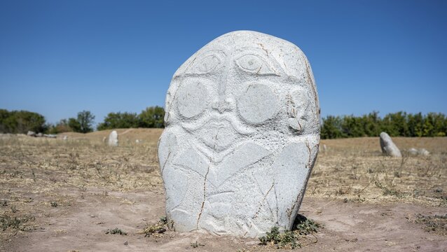 Balbals, historical gravestones in the shape of human faces, near Tokmok, Chuy, Kyrgyzstan