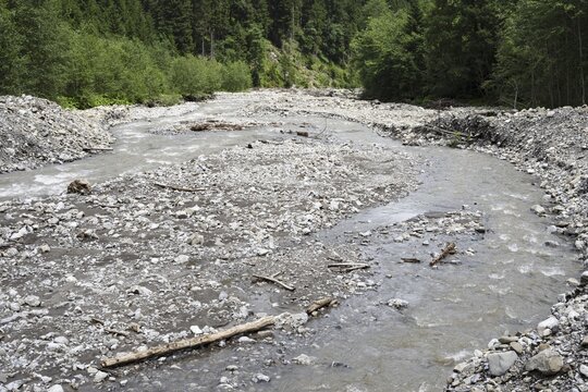 Illegal stream straightening in a nature reserve, Rappenalpbach in the Rappenalptal valley near Oberstdorf, Allg&auml;u Alps, Allg&auml;u, Bavaria, Germany