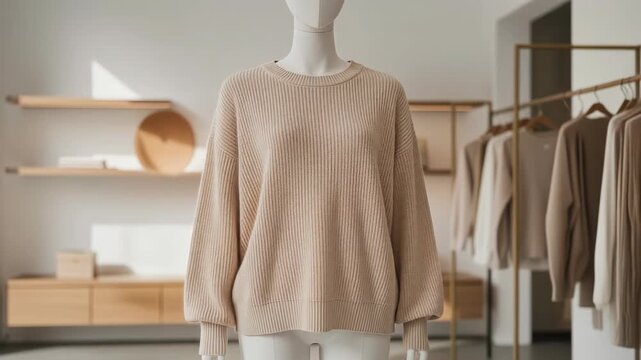 Beige knitted sweater on mannequin in modern minimalist clothing store with neutral tones