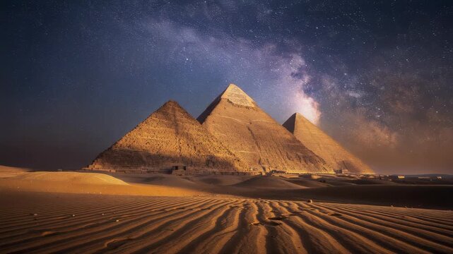 Ancient Egyptian pyramids glowing under starry night sky with Milky Way and desert sand patterns