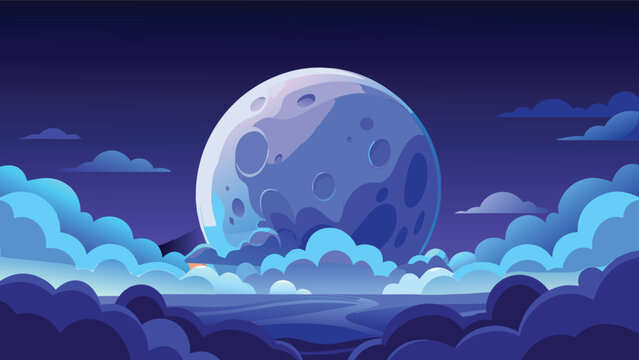 A vibrant digital illustration of a large full moon glowing behind thick blue clouds at midnight