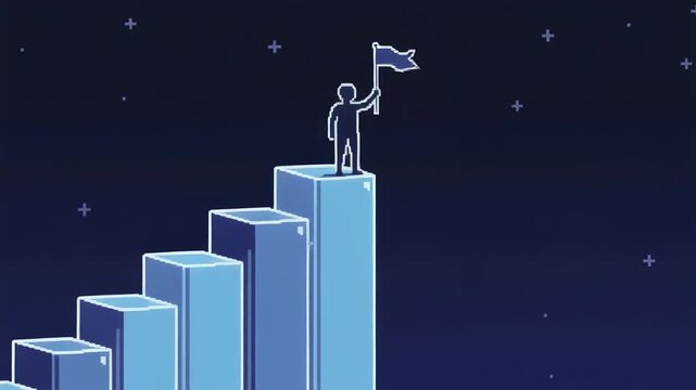 Illustration of success and achievement with a person holding a flag on top of ascending blocks against a dark starry background