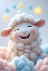Cute smiling fluffy sheep character with glowing stars and pastel clouds, 3D render nursery illustration.