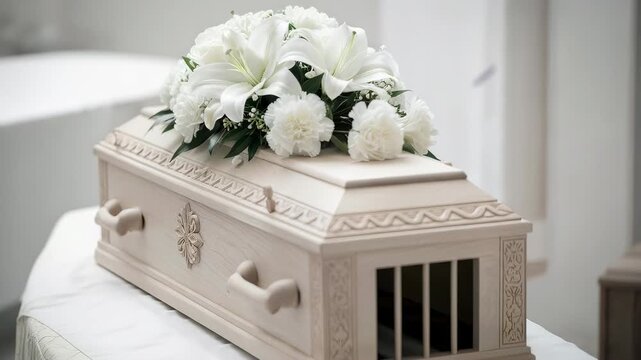 White wooden casket with lily floral arrangement for funeral service. Memorial rite celebration with elegant flower bouquet on coffin for mourning and farewell.