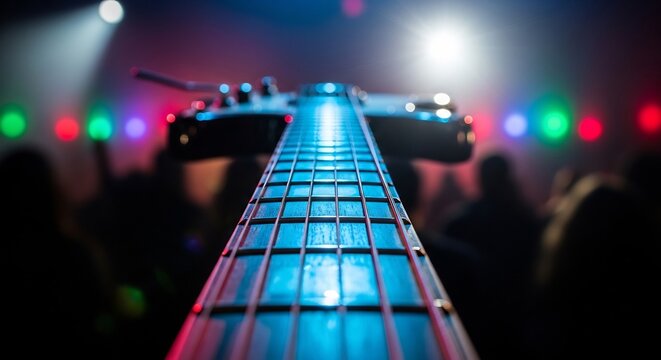 Close-up of Electric Guitar Fretboard on Stage with Colorful Lights.